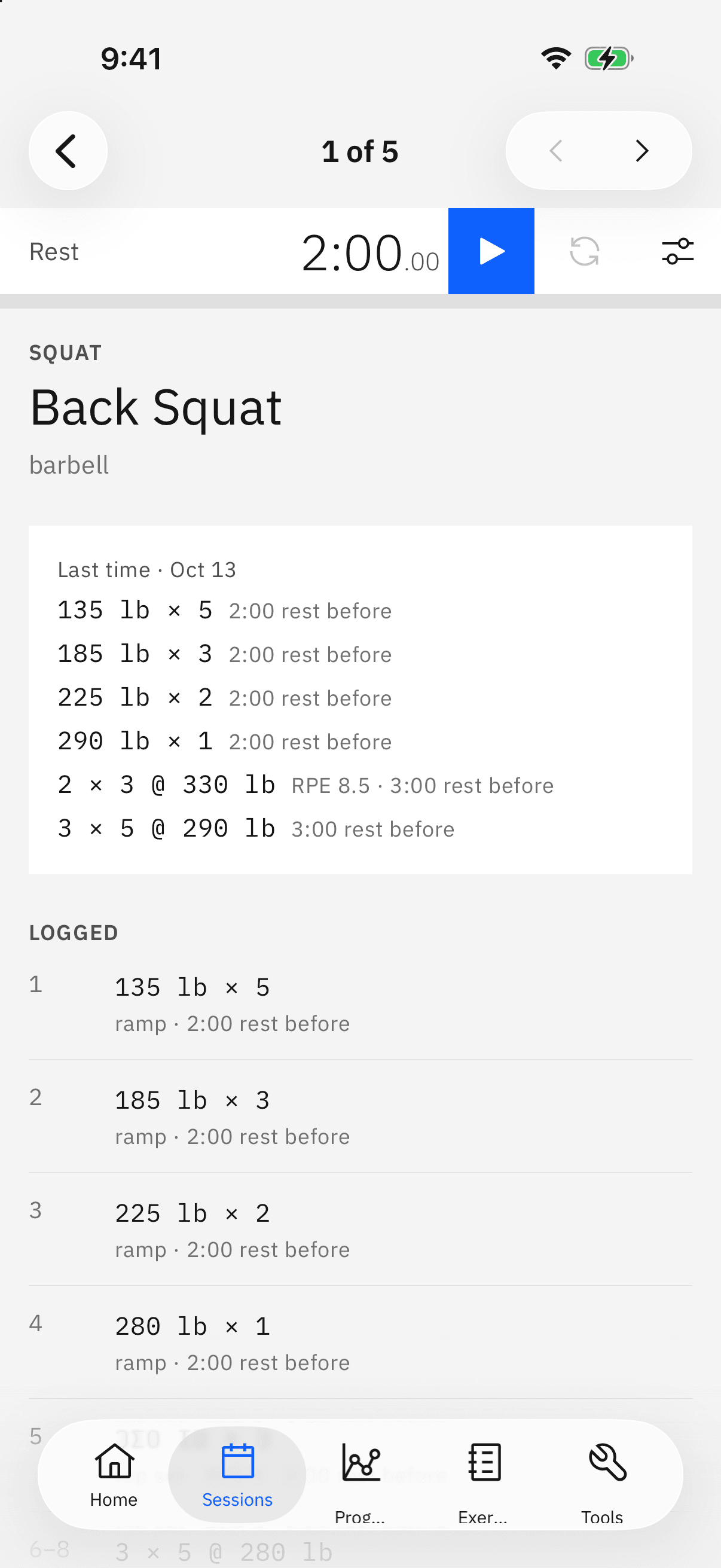 The focus view in the iPhone app: the back squat's sets, the rest timer and a Log button