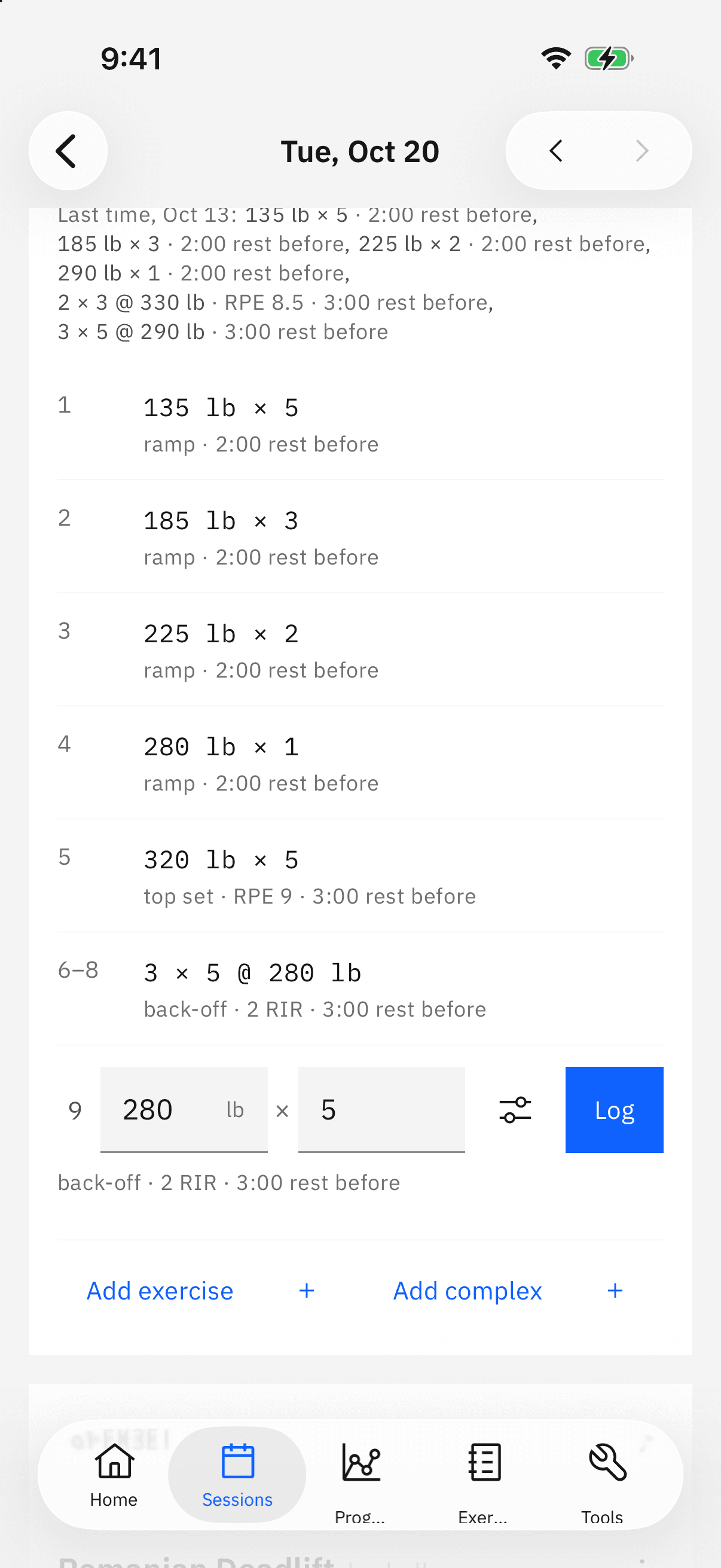 A session in the iPhone app: the squat block with its ramp, top set and back-offs